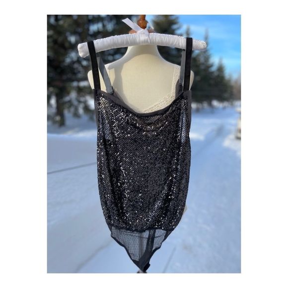 Free People Metallic Shimmer & Shine Bodysuit Night Sz XS NWT Black Silver - Picture 3 of 13